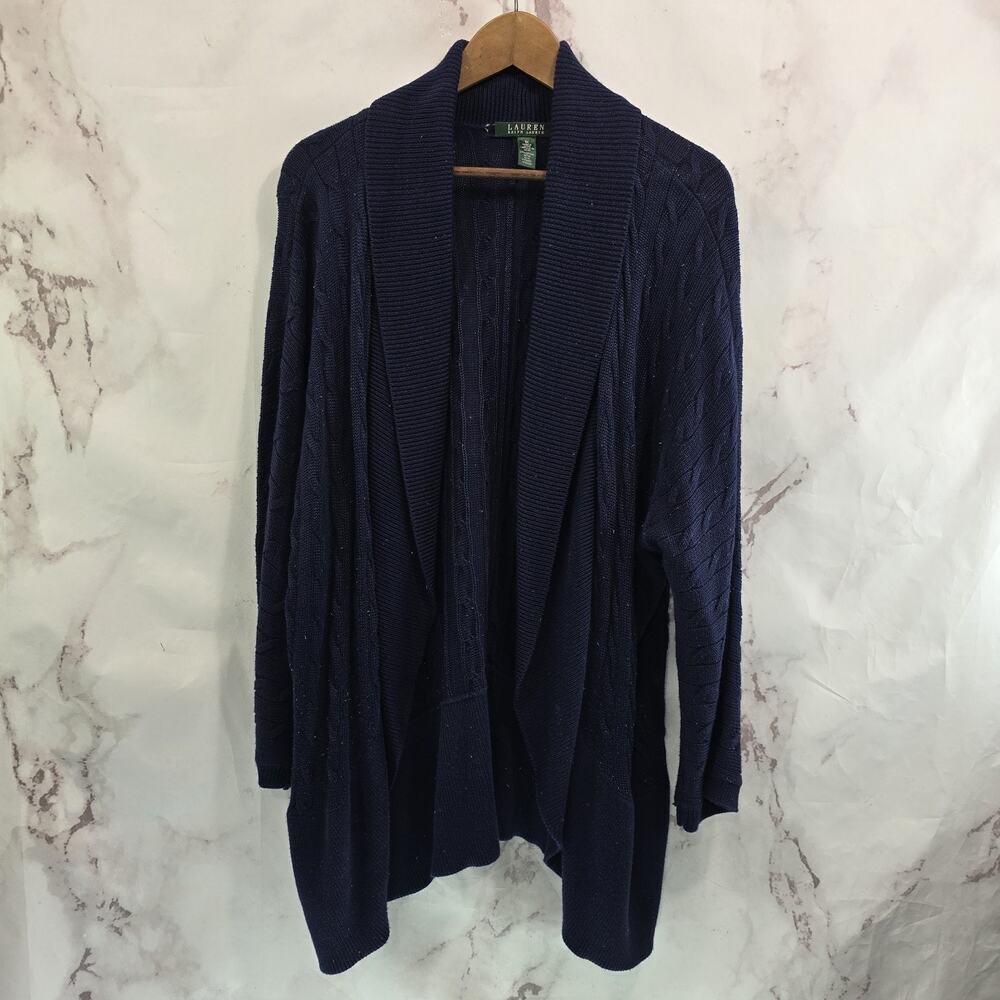 LRL Ralph Lauren Sweater Womens 1X Navy Blue Slouchy Open Front Cable